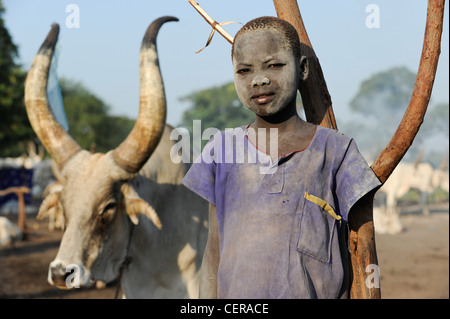 SOUTHERN SUDAN, Bahr al Ghazal region , Lakes State, Dinka tribe with Zebu cows in cattle camp near Rumbek, young shepherd with ash smeared face Stock Photo