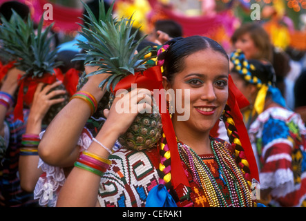 Mexican woman, Mexican, woman, Pineapple Dance, La Pina, costumed dancer, eye contact, headshot, city of Acapulco, Acapulco, Guerrero State, Mexico Stock Photo
