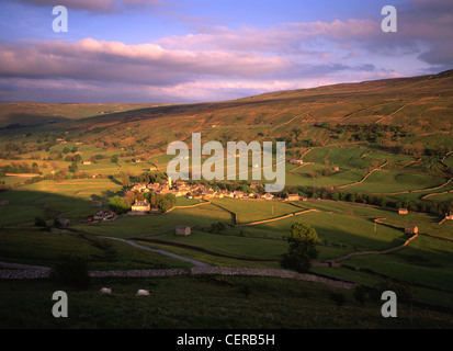 A view of Muker. The picture is taken from Kisdon Hill in Upper Swaledale which lies within the Yorkshire Dales National Park. Stock Photo