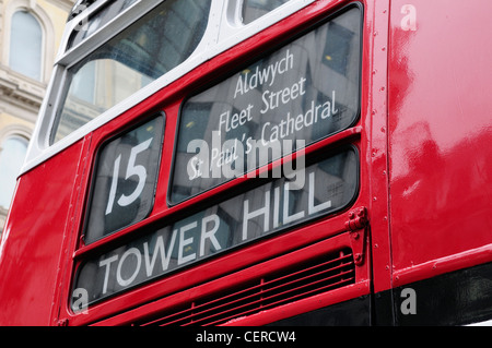 A Routemaster London bus on heritage route 15 between Trafalgar Square and Tower Hill. Stock Photo