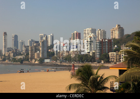 India, Maharashtra, Mumbai, Malabar Hill skyline, Chowpatty Beach, Stock Photo