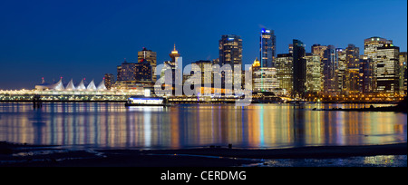 Vancouver BC Canada City Skyline Reflection at Blue Hour Panorama Stock Photo