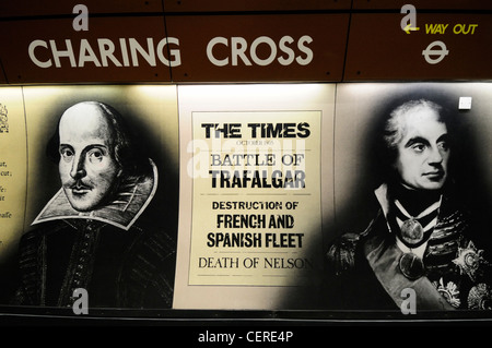 Portraits of Nelson and Shakespeare at Charing Cross Underground station. Stock Photo