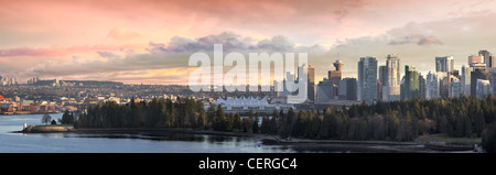 Vancouver BC City Skyline and Stanley Park along Burrard Inlet Panorama Stock Photo