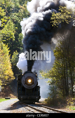 Western Maryland Scenic Railroad 'Mountain Thunder' steam powered locomotive going from Cumberland Depot to Frostburg Depot MD. Stock Photo