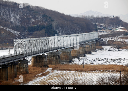 Looking north towards the bridge to North Korea at the DMZ, De-militarised Zone on the South North Korean border at Imjingak Stock Photo