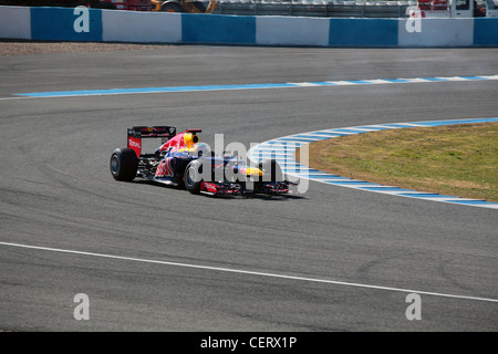 Sebastian Vettel current F1 world champion driving his Red Bull car during the final day of winter track testing at Jerez Stock Photo