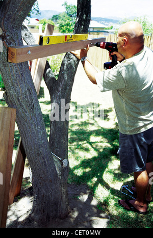 FORBuild a Tree House Step Male drilling a plank of wood to connect two tree trunks Stock Photo