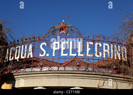 'Acqua S. Pellegrino' sign a top of the old San Pellegrino sparkling mineral water factory Stock Photo