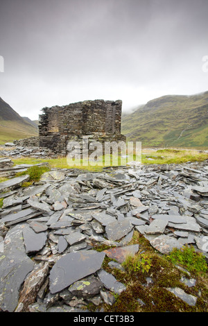 The remains of the abandoned Llyn Cwmorthin Slate Mine high above Blaenau Ffestiniog in the Snowdonia National Park. Stock Photo