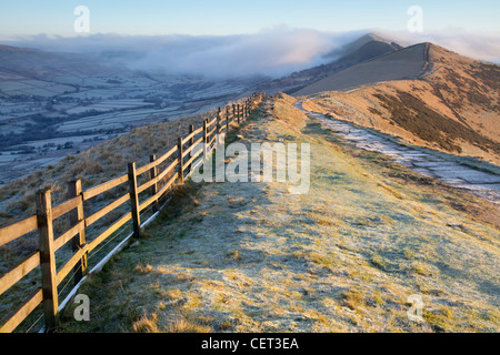 Footpath following the Great Ridge from Mam Tor to Back Tor and Lose Hill on a frosty morning in the Peak District National Park Stock Photo