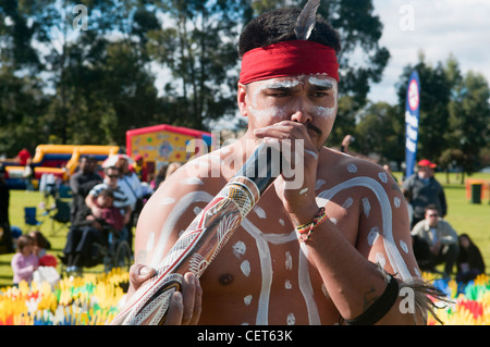 Noongar man and his didgeridoo in Perth, Australia Stock Photo