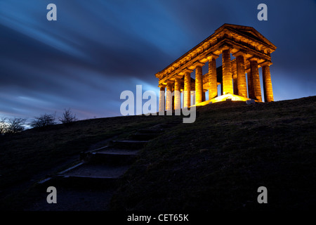 night view of Penshaw monument, golden pillars light up at dusk on replica greek temple on penshaw Hill Stock Photo