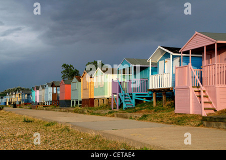 Beach huts along the seafront at Whitstable. Stock Photo