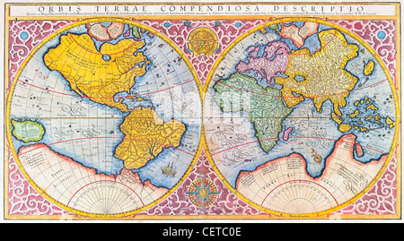 Colored 16th century Mercator map of the world