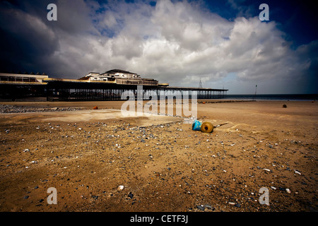 A view from the beach out to the pier at Prestatyn in Wales. Stock Photo