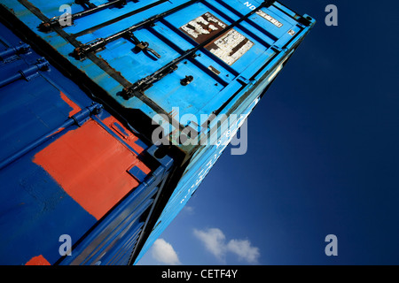 An angled view of blue steel containers stacked at Goole. Stock Photo