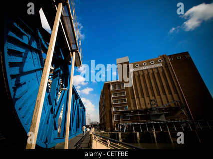 A view of waterfront buildings and the side of the Drypool Bridge in Kingston Upon Hull. Stock Photo