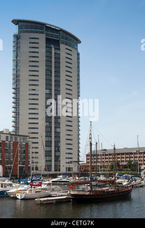 UK, Wales, Swansea, Maritime Quarter, Meridian Tower, towering over the Marina Stock Photo