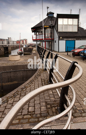 UK, Wales, Swansea, harbourmaster’s office at sea lock into Marina from River Tawe Stock Photo