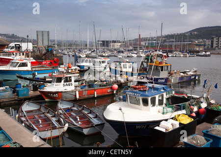 UK, Wales, Swansea, Maritime Quarter, fishing boats moored on River Tawe below the sailbridge Stock Photo