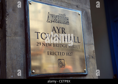 Brass plaque outside Ayr Town Hall in Ayrshire Scotland Stock Photo