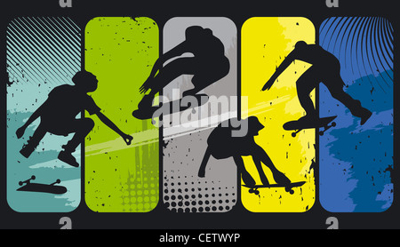 Skaters silhouettes on an abstract grunge background Stock Photo