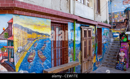 ValparaIso Chile. South America. Murals on buildings at base of stairs of Pasaje Santa Lucia. Cerro Bellavista.. (Editorial Stock Photo