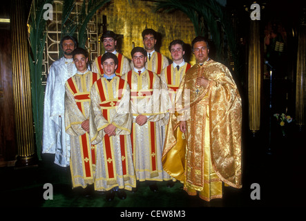 altar boys, Greek Orthodox priest, Palm Sunday, Holy Week, Annunciation Cathedral, San Francisco, California Stock Photo