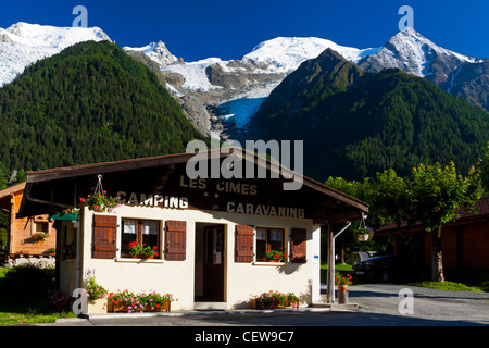 Reception chalet at campsite at Bossons below Mont Blanc near Chamonix in the Savoie region of the French Alps Stock Photo