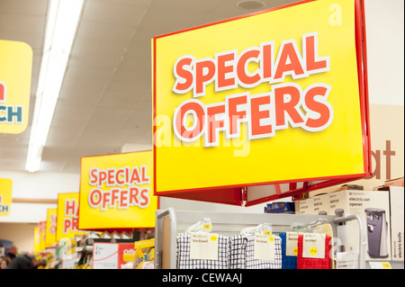 Special offers signs in Morrisons supermarket, England, UK Stock Photo