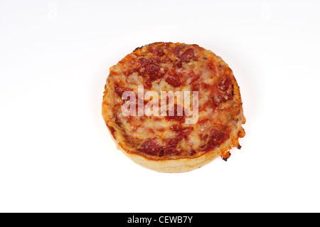 Cooked single deep dish pizza with pepperoni on white background isolate. Stock Photo