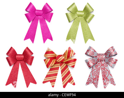 Set of Five Multicolored Glitter Bows and Ribbons on White Background. Stock Photo