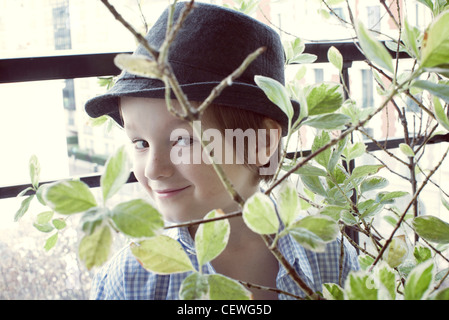 Boy looking through foliage at camera, portrait Stock Photo