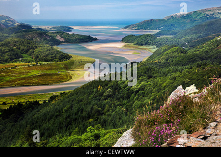 A view toward the Mawddach Estuary. Morfa Mawddach is a beautiful estuarine valley that begins it's journey in the heart of Meir Stock Photo