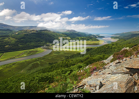 A view toward the Mawddach Estuary. Morfa Mawddach is a beautiful estuarine valley that begins it's journey in the heart of Meir Stock Photo