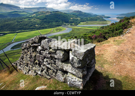 A view toward the Mawddach Estuary. Morfa Mawddach is a beautiful estuarine valley that begins it's journey in the heart of Meir Stock Photo