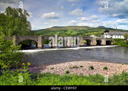 A view from the river bank to the River Usk bridge in Crickhowell. Stock Photo