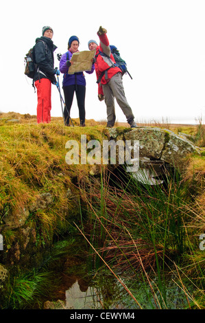 Consulting the map during a walk across Dartmoor Stock Photo