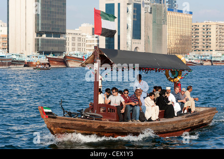 View of Abra ferry on Creek in Old Dubai in United Arab Emirates UAE Stock Photo