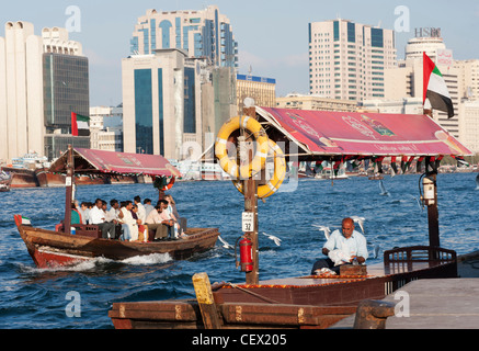 View of Abra ferry on Creek in Old Dubai in United Arab Emirates UAE Stock Photo