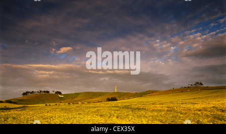 Cherhill Monument and White Horse in storm light. The monument stands 125 feet above the hill. It is said that this is the highe Stock Photo