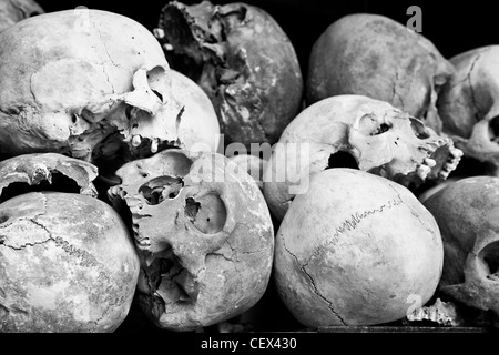 Close-up of a pile of human skulls at the Killing Fields in Phnom Penh, Cambodia (colour version available at CEX45N) Stock Photo