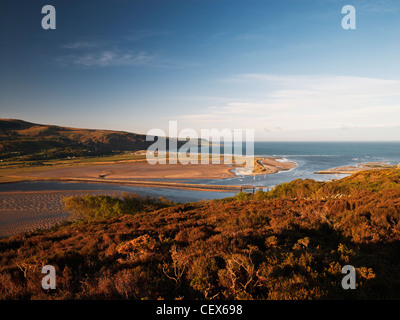 The Barmouth Railway Bridge crossing the Mawddach Estuary viewed from the Panorama Walk. Stock Photo