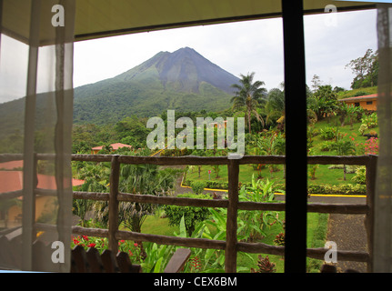 View from the balcony and bedroom window of the Los Lagos Hotel of Arenal Volcano near La Fortuna, Costa Rica, Central America Stock Photo