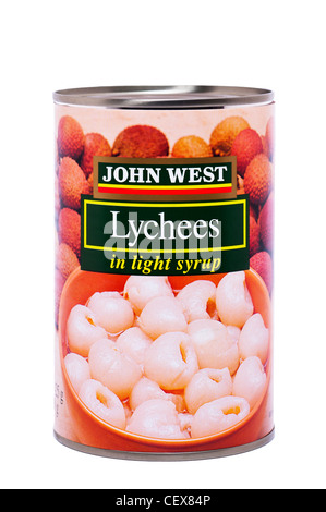 A tin of John West Lychees in light syrup on a white background Stock Photo