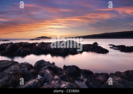 View from Bantham Beach to Burgh Island at sunset, Devon, England. Stock Photo