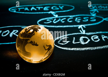 Flowchart on a chalk board with world globe showing Africa Stock Photo