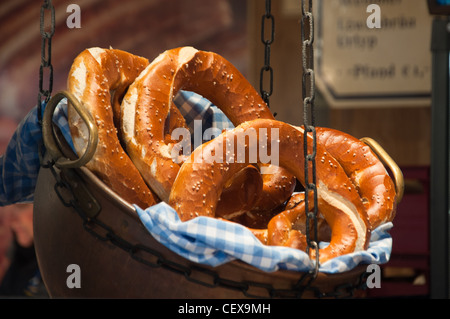 Fresh Bavarian Pretzels on sales in Munich, Germany. Stock Photo
