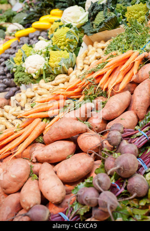 Large selection of Fresh Vegetables on a market stall Stock Photo